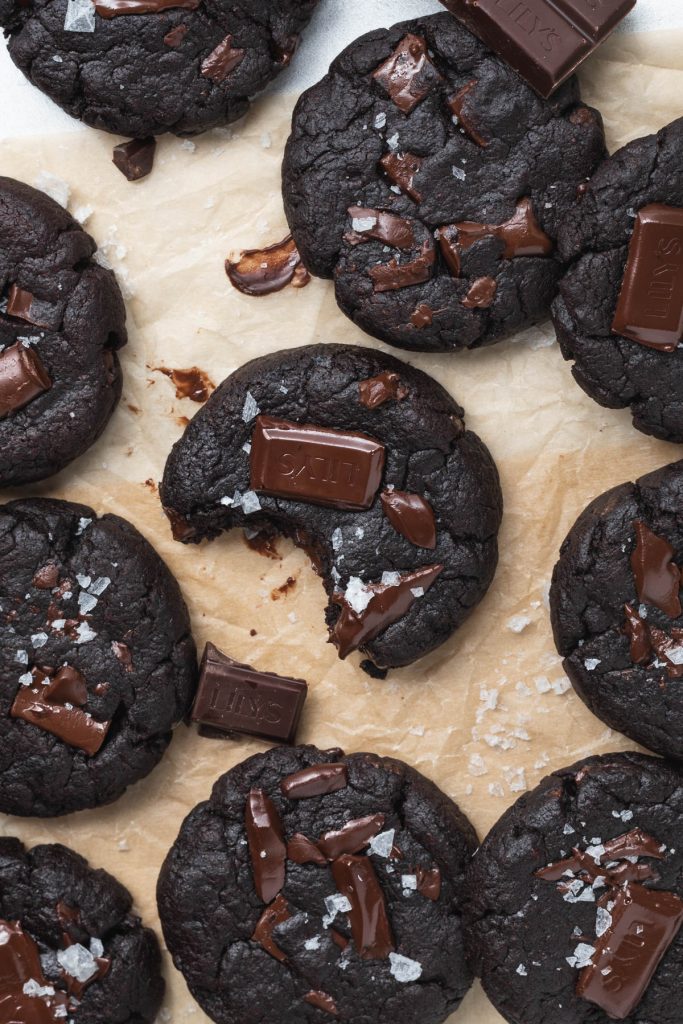 vegan double chocolate cookies with Lily's Chocolate squares and sea salt